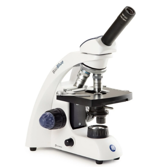 Microscopio compuesto portátil monocular BioBlue con objetivo accionado por resorte y platina mecánica XY BB4240